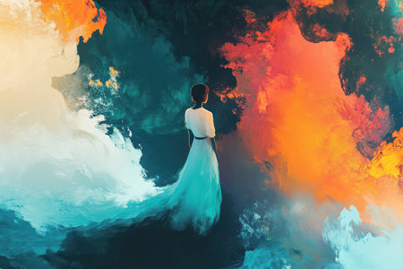 The image depicts a woman in a white dress standing against a backdrop of abstract, colorful brushstrokes in shades of blue, orange, and yellow.の素材