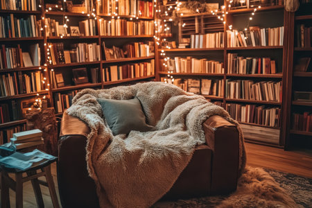 A leather armchair draped in a furry blanket sits in a dimly lit library, illuminated by warm string lights.の素材