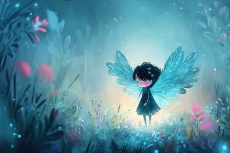 The image depicts a fairy with blue wings standing in a magical forest.の素材
