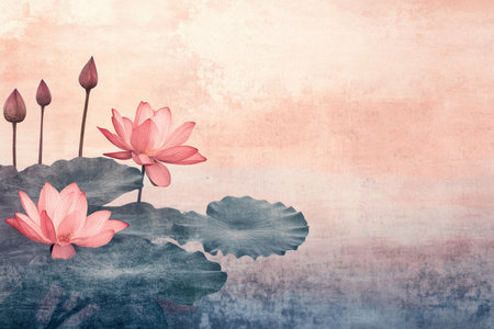 A delicate watercolor painting featuring pink lotus flowers and buds against a soft pink and blue background.の素材