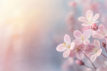The image showcases a close-up of delicate pink flowers with a soft, blurred background, creating a serene and romantic atmosphere.の素材