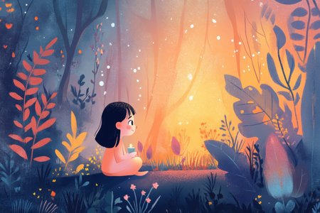 A girl holding a lit candle sits in a magical forest at dusk, the trees glowing with a warm, sunset light.の素材