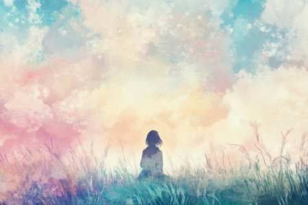 A single, solitary figure stands in a field of grass, gazing up at a colorful sunset sky.の素材