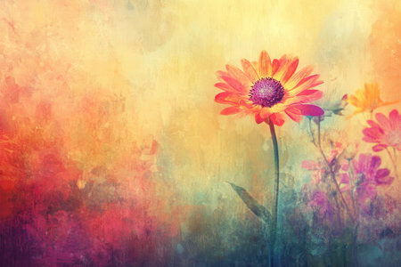 A single orange flower with a vibrant, colorful, blurred background, creating a dreamy and artistic effect.の素材