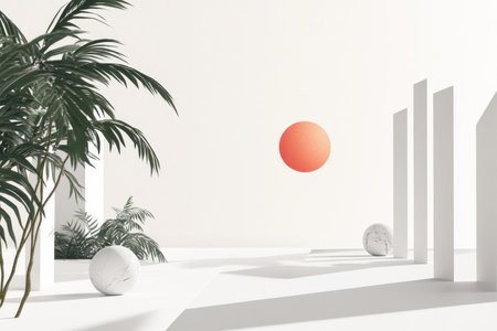 An abstract minimalist scene featuring palm trees, white spheres, and geometric columns against a bright white background, creating a clean and modern design aesthetic.の素材
