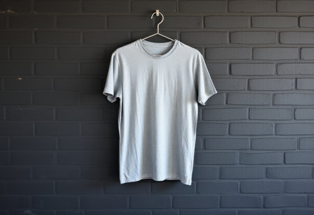 A plain light gray t-shirt hanging on a metal hanger in front of a dark brick wall.の素材