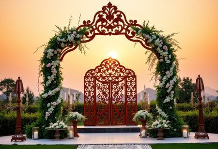An ornate red iron archway decorated with white and pink flowers, lit by candlelight, under a golden sunset.の素材