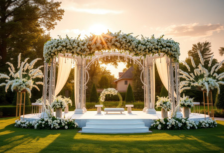 A wedding archway decorated with white flowers and greenery, with a white stage and a grassy lawn in the background.の素材