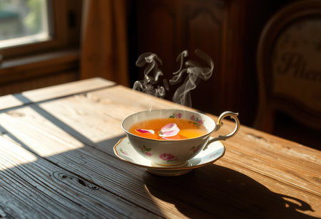 A vintage porcelain teacup with a rose petal, filled with steaming tea, sits on a wooden table bathed in sunlight.の素材