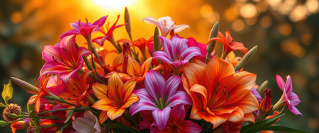 A close-up image showcasing a vibrant bouquet of lilies in various shades of orange, pink, and yellow, capturing their delicate petals and textures.の素材