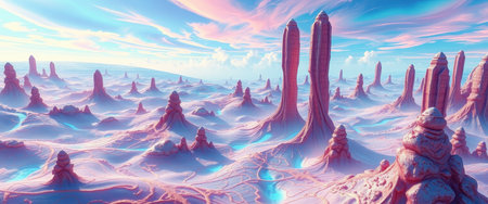 A surreal landscape featuring tall, slender rock formations in shades of pink, with blue streams snaking through the terrain against a backdrop of a dreamy, light blue sky with white clouds.の素材