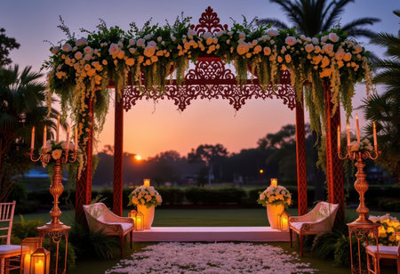 An outdoor wedding ceremony setup with a floral arch, candelabras, and white petals scattered on the ground.の素材