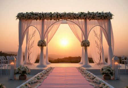A wedding ceremony setup with a white floral archway, draped fabric, and lanterns, facing the sunset.の素材