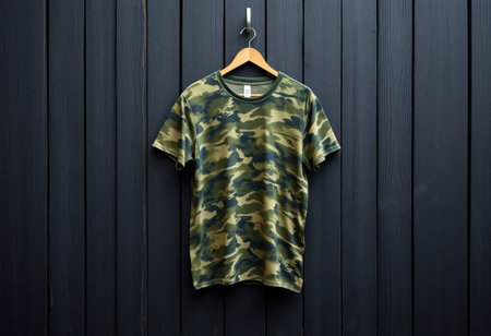 A green camouflage T-shirt hangs on a wooden hanger against a dark wood background.の素材