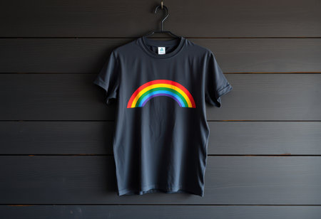 A black t-shirt with a rainbow arc design printed on the front, hanging on a black hanger against a dark gray wood background.の素材