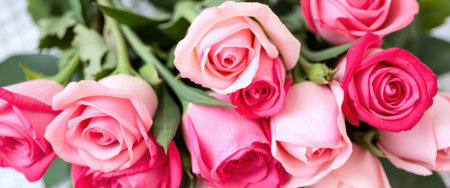 A close-up view of a bouquet of pink and fuchsia roses with green leaves, showcasing the delicate petals and vibrant colors.の素材