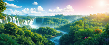 A panoramic view of a breathtaking waterfall cascading down a cliff surrounded by lush green rainforest under a beautiful blue sky with fluffy clouds and sunbeams.の素材