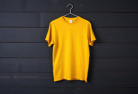 A plain yellow t-shirt hangs from a silver hanger on a dark wood background.の素材