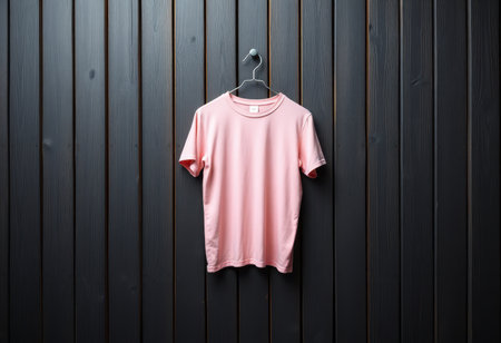 A pink t-shirt hanging on a hanger against a black wooden wall backdrop.の素材