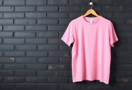 A pink t-shirt hanging on a wooden hanger against a black brick wall.の素材