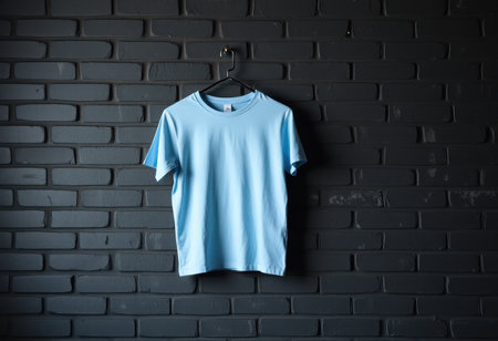A plain light blue t-shirt hangs on a black brick wall.の素材