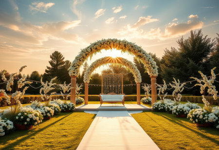 A wedding ceremony setup with two white flower arches, a sofa, and a white aisle leading to the front.の素材