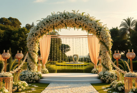A wedding ceremony setup featuring a white floral archway, a white stage, and golden candelabras, all in a lush green garden.の素材