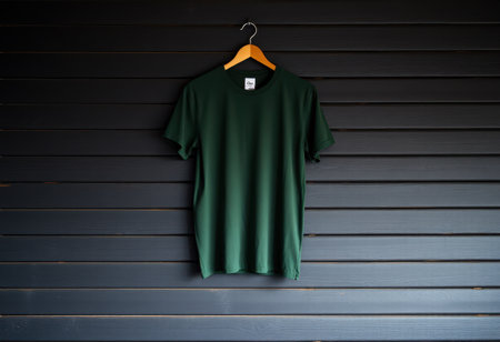 A plain green t-shirt hanging on a wooden hanger against a black wooden wall.の素材