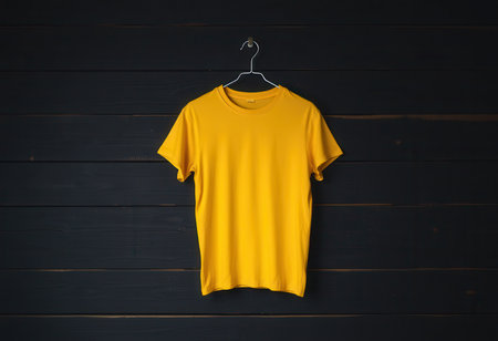 A plain yellow t-shirt hangs on a silver hanger against a black wooden wall.の素材