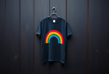 A dark blue t-shirt with a rainbow graphic design hangs on a hanger against a wooden background.の素材