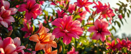 A close-up view of pink and orange flowers in bloom, showcasing their delicate petals and vibrant colors.の素材