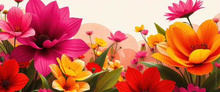 A vibrant and colorful illustration of a bouquet of flowers, featuring close-up shots of their petals.の素材