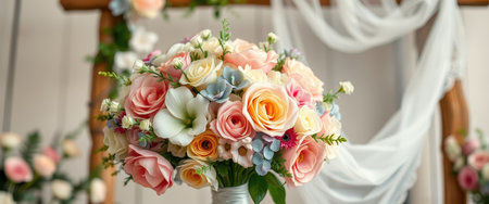 A close-up view of a bridal bouquet with pastel-colored roses, white blooms, and green leaves.の素材
