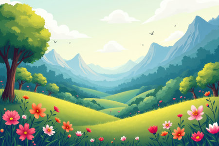 A vibrant digital illustration of a lush green meadow with colorful flowers in the foreground and a majestic mountain range in the background.の素材