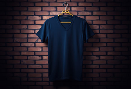 A dark blue v-neck t-shirt hangs on a wooden hanger against a brick wall.の素材