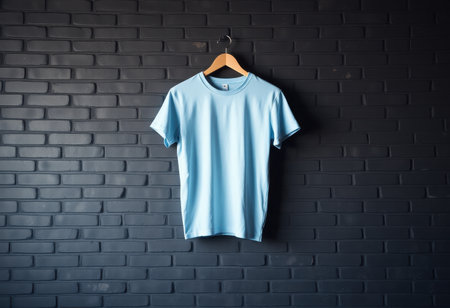 A light blue t-shirt hangs on a wooden hanger against a black brick wall.の素材