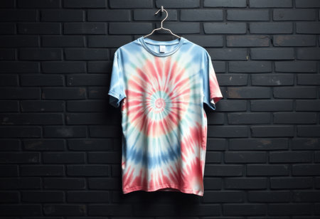 A tie-dye t-shirt with a spiral pattern hangs on a hanger against a black brick wall.の素材