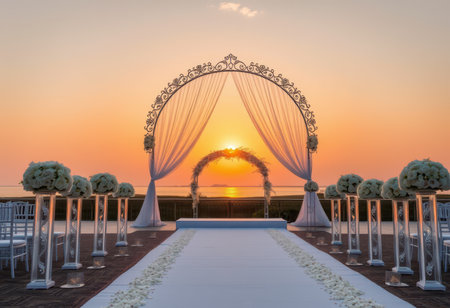 A wedding ceremony setup with a decorated archway, white aisle, and flowers against a sunset backdrop.の素材