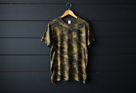 A green and gold camouflage t-shirt hangs on a wooden hanger against a black woodgrain backdrop.の素材