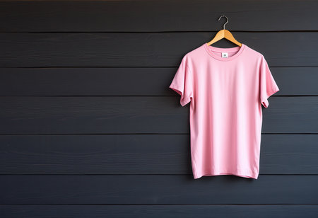 A pink t-shirt is hanging on a wooden hanger against a dark wooden background.の素材