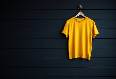 A plain yellow t-shirt hangs on a wooden hanger against a dark wood wall background.の素材