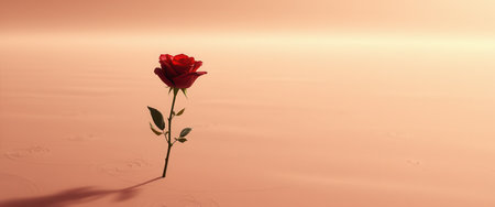 A single red rose emerging from the surface of a peach-colored liquid, creating ripples in its wake.の素材