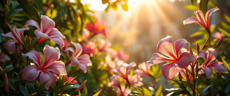 A close-up view of pink flowers blooming in a garden, bathed in the warm glow of the sunlight.の素材