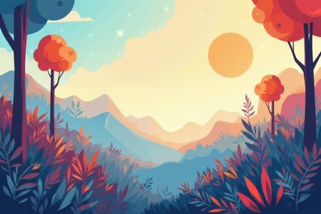 A digital illustration of a serene mountain range with vibrant, colorful foliage, under a bright sun and a cloud-filled sky.の素材