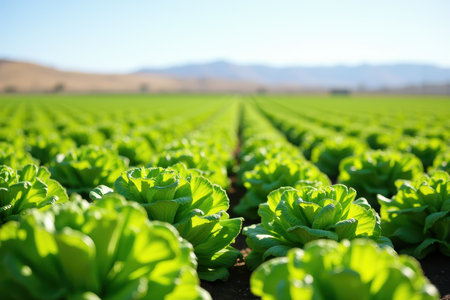 A close-up of a field of lush green lettuce plants in rows, with a blurred background of hills and sky.の素材