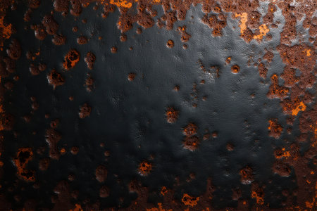 A close-up photograph of a dark surface heavily textured with patches of orange rust.の素材