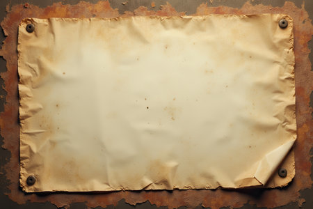 The image shows a piece of old, wrinkled parchment paper pinned to a rusty metal surface. The paper is textured and has a worn appearance, suggesting age and use.の素材