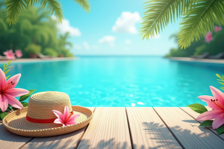 A straw hat with pink flowers rests on wooden decking by a swimming pool.の素材