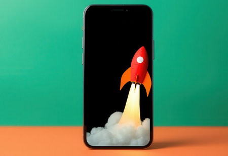 A smartphone with a black screen displaying a red rocket launching through white clouds, set against a green and orange background.の素材