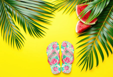 A flat lay composition featuring palm leaves, watermelon slices, and floral flip-flops arranged on a bright yellow background, creating a summery and tropical ambiance.の素材